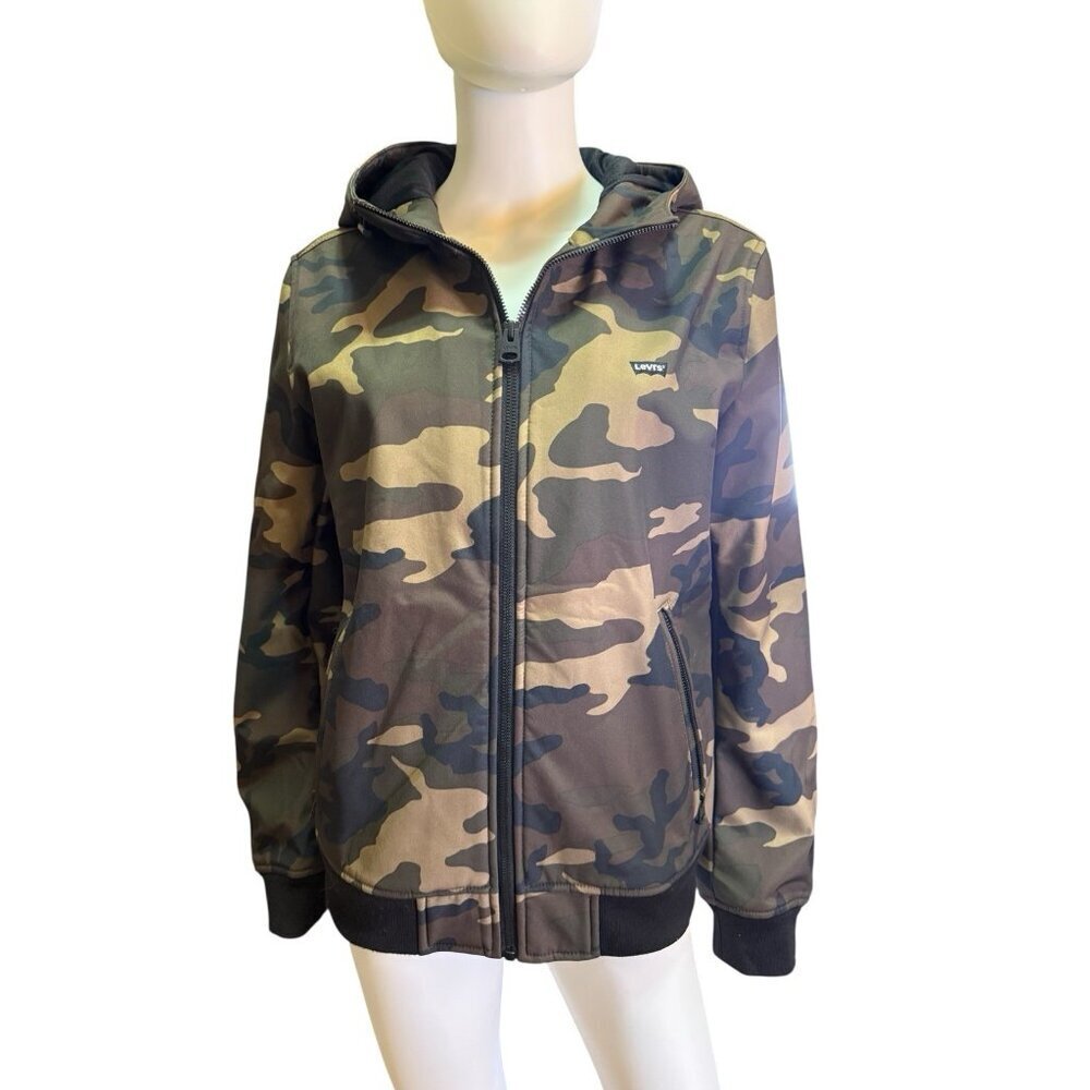 Levi's Camo Hooded Bomber Jacket Water Resitant Softshell Men's Size Large EUC